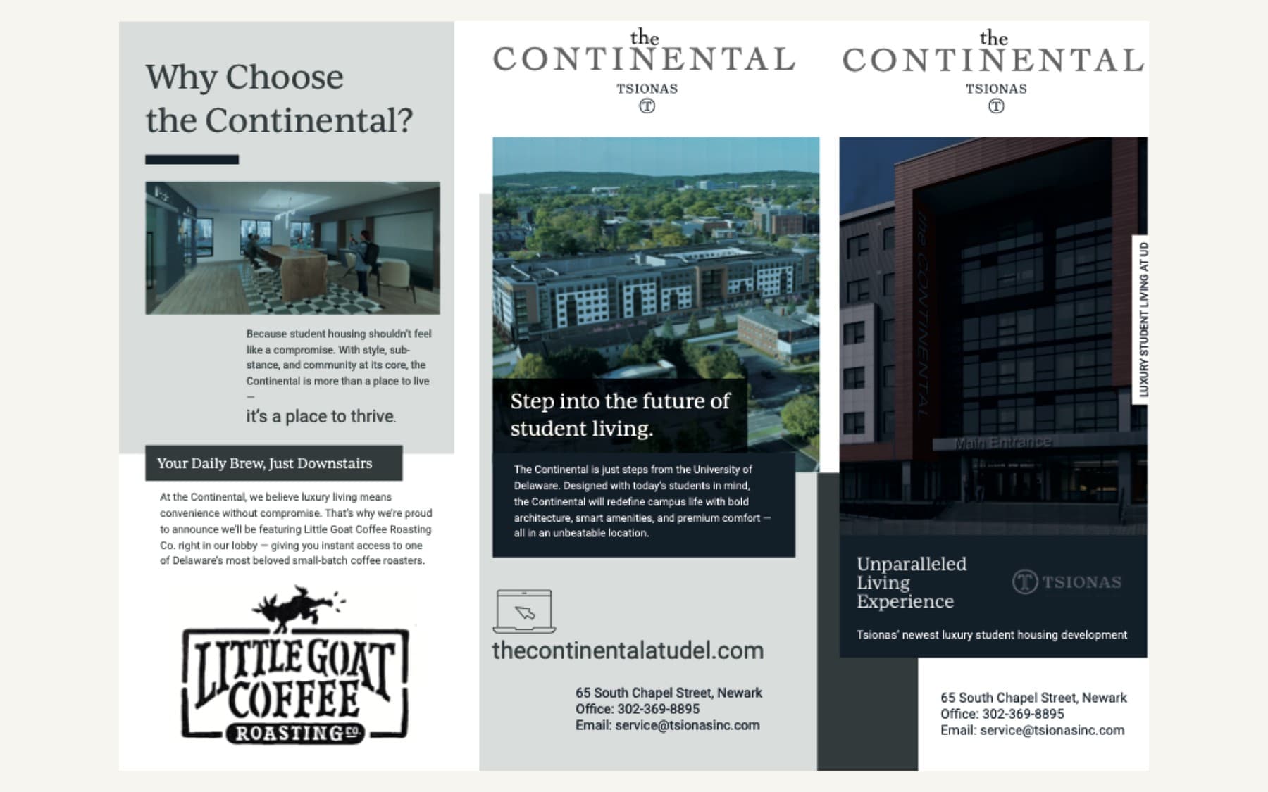 Tri-fold leasing brochure carrying the campaign line: step into the future of student living.