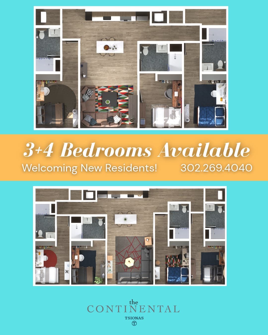Direct-response leasing creative — floor plans, availability and a phone number.